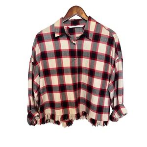 Zara Plaid Shirt Womens S Red Fringe Hem Flannel Button Down